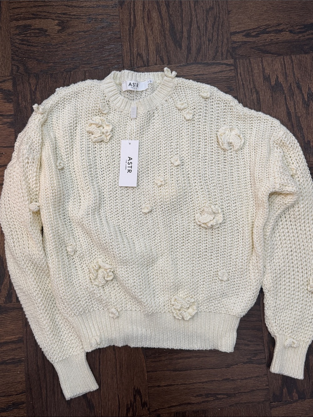 Astr Cream Chunky Knit Crewneck Sweater with Floral Appliqués